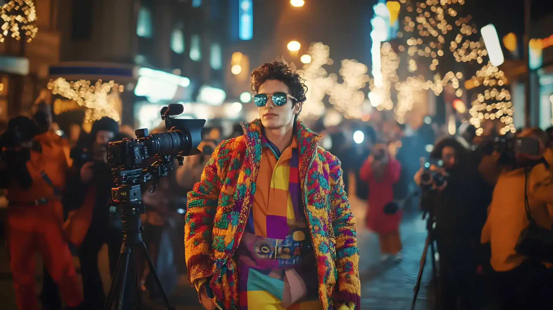 Joven videógrafo grabando en la calle con iluminación urbana nocturna.